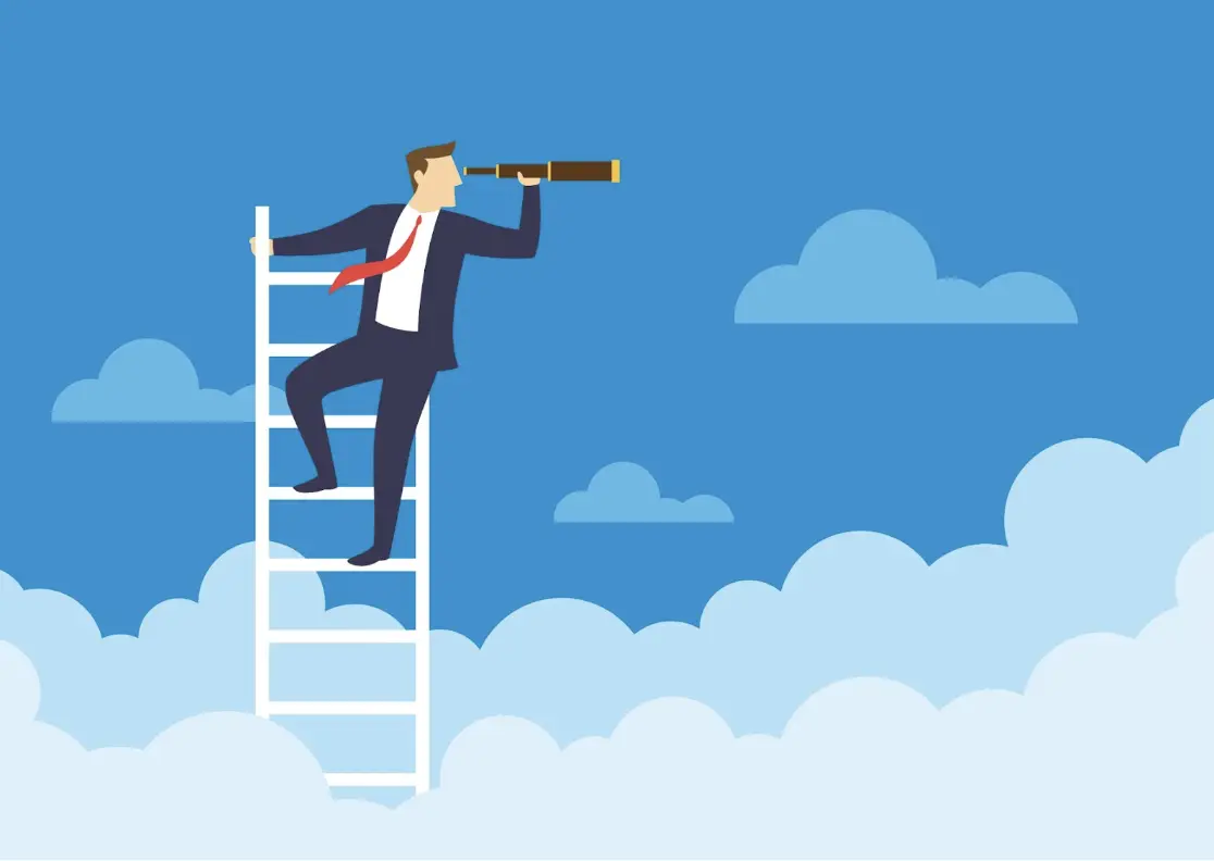 Person on ladder in the clouds with spyglass looking out